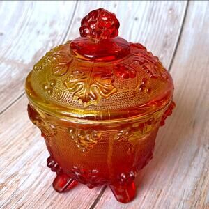 Vintage Jeannette Glass Amberina Harvest Grape Footed Covered Candy Dish Compote